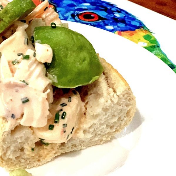 Lobster salad served on crusty baguette with avocado - Cooking with Rich